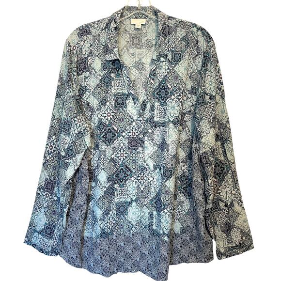 J. Jill Medallion Border Tunic Womens XL Blue Purple Long Sleeve Button Top - Picture 1 of 7